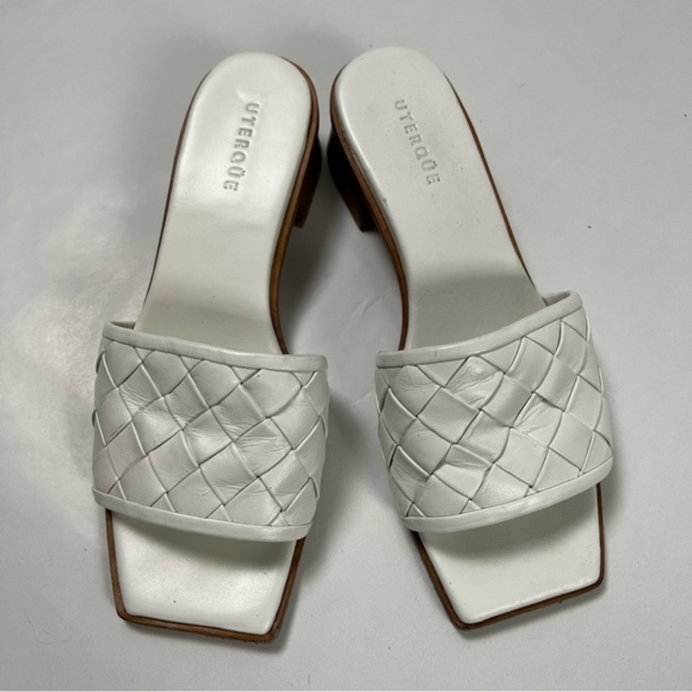 UTERQUE White Square Toe Leather Woven Sandals Sz 38